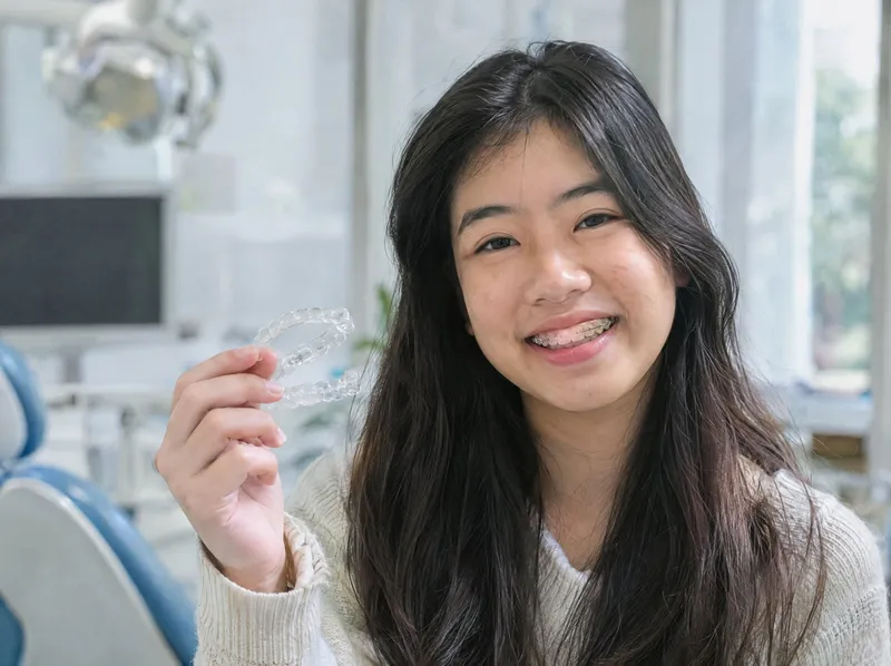 Bạn trẻ niềng răng cầm khay chỉnh nha