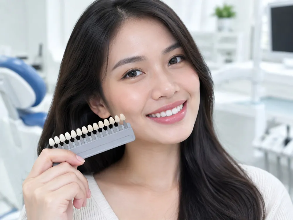 Khách hàng mỉm cười cầm bảng so màu răng trong phòng khám
