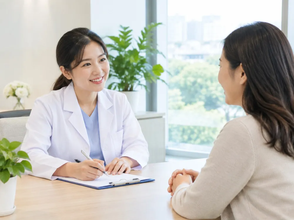 Bác sĩ ngồi trao đổi và tư vấn cho khách hàng tại bàn tư vấn